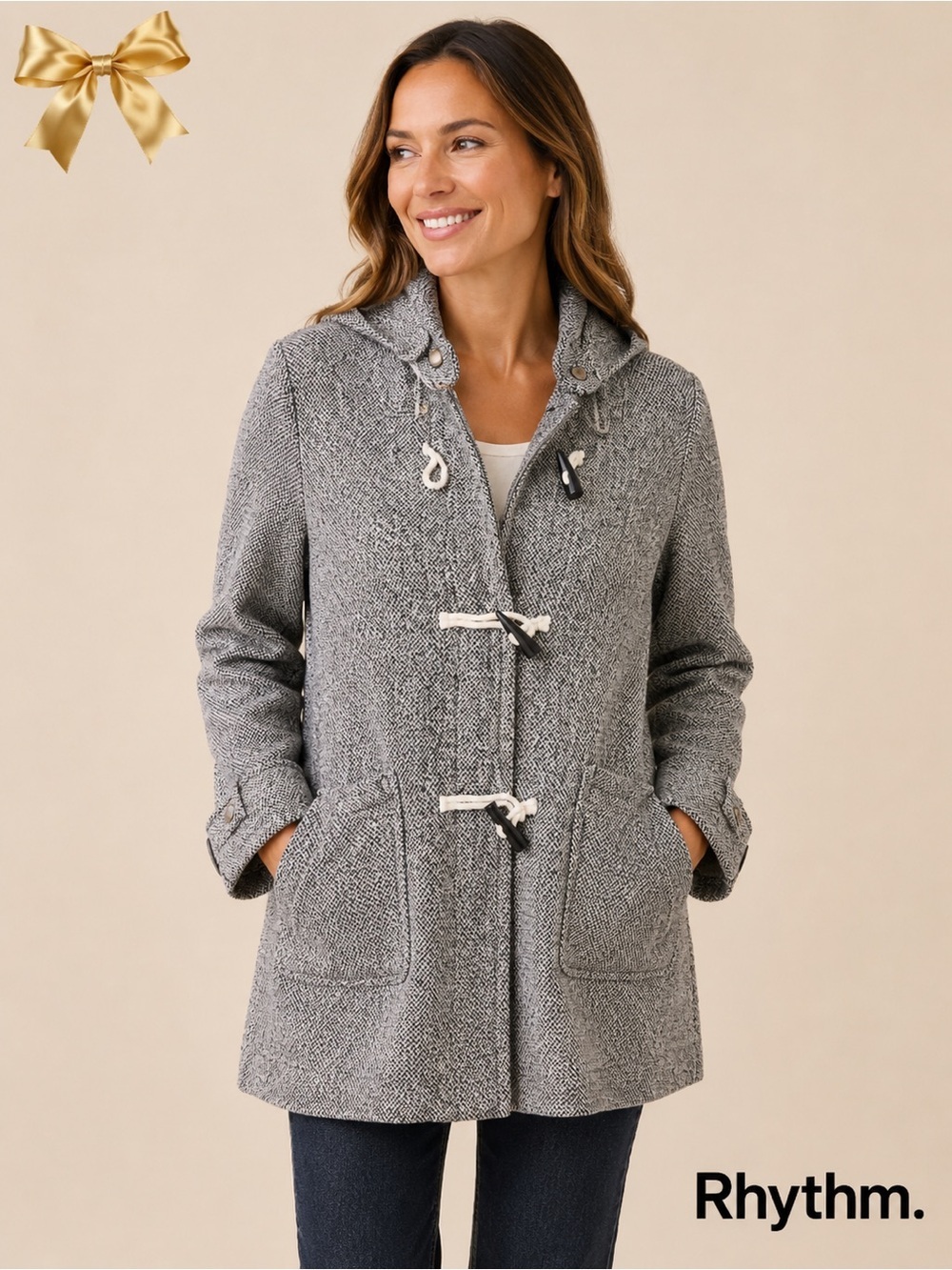 Rhythm Hooded Coat Tweed Gray Black 100% Cotton Medium Weight Size Medium